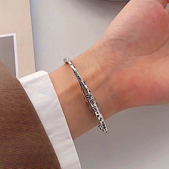 Irregular Graffiti Sterling Silver Bangle Cuff Bracelet Set Two Pieces - Picture 8 of 11